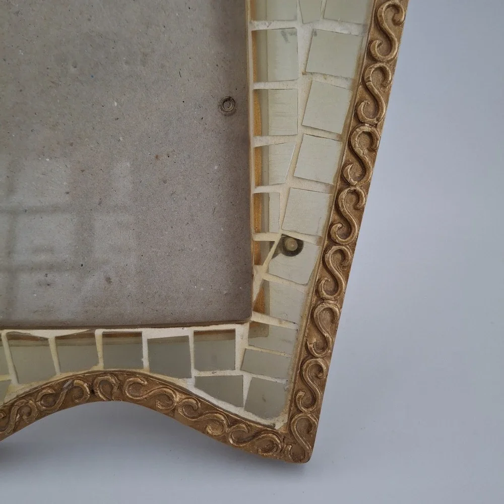 Vtg ANNA Gold Scroll Mosaic Frame Translucent Glass/Shell Tiles Shield Shape